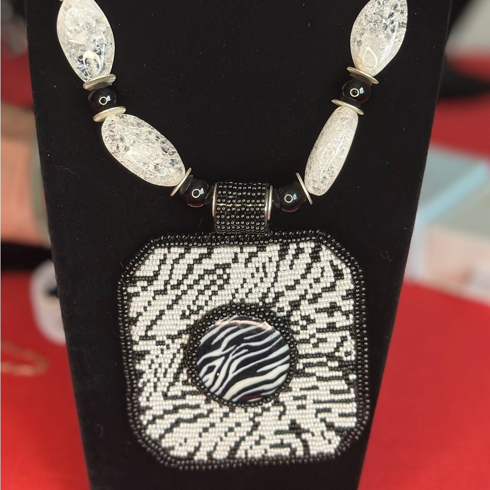 Monochrome Black and White Beaded Necklace with Zebra Pendant